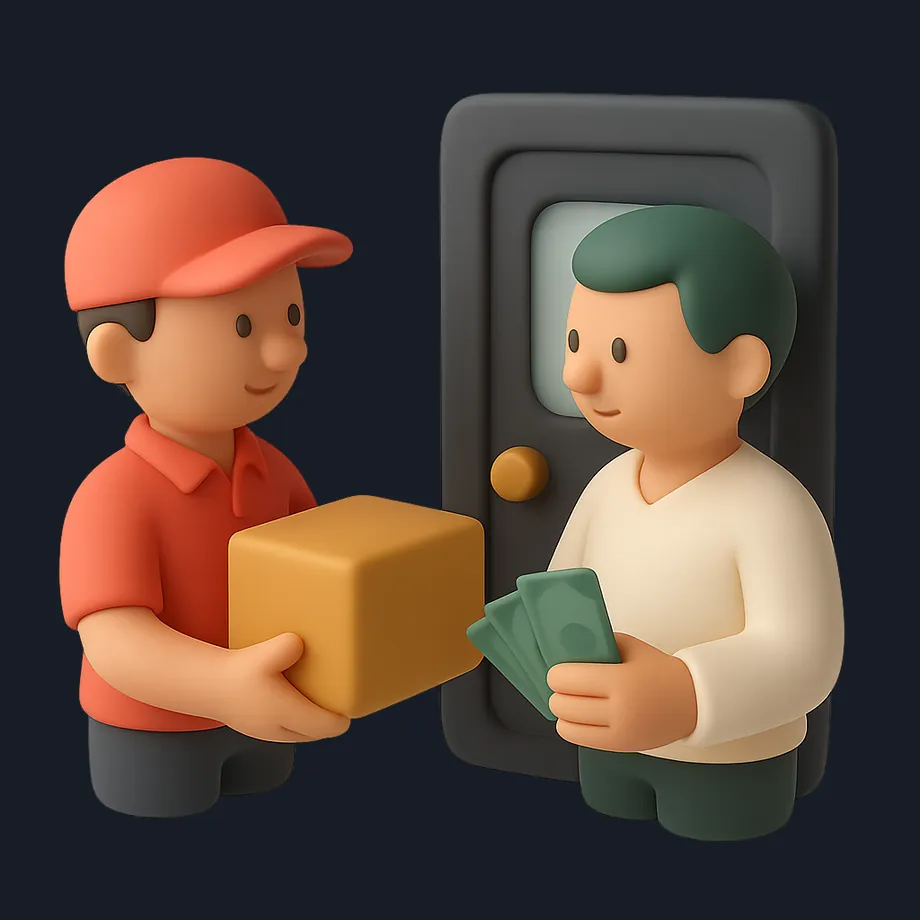 Zusteller übergibt ein Paket, Zahlung bei Lieferung